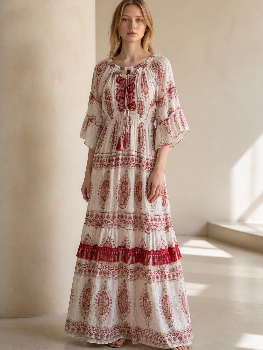 me 2 magic anthropologie Peasant Maxi Boho Dress M Tiered Tassels Cream Red Chic